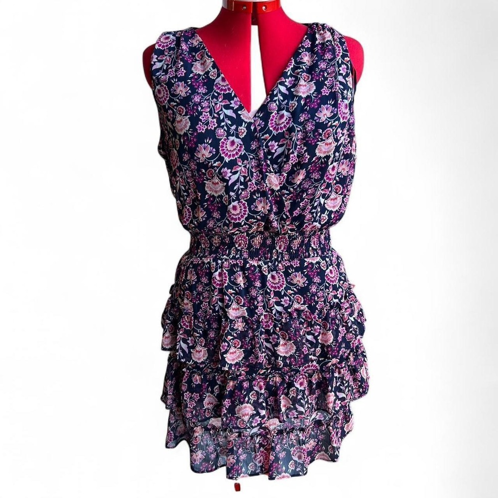 MSK petite navy with pink & purple floral sleeveless dress tiered ruffle skirt